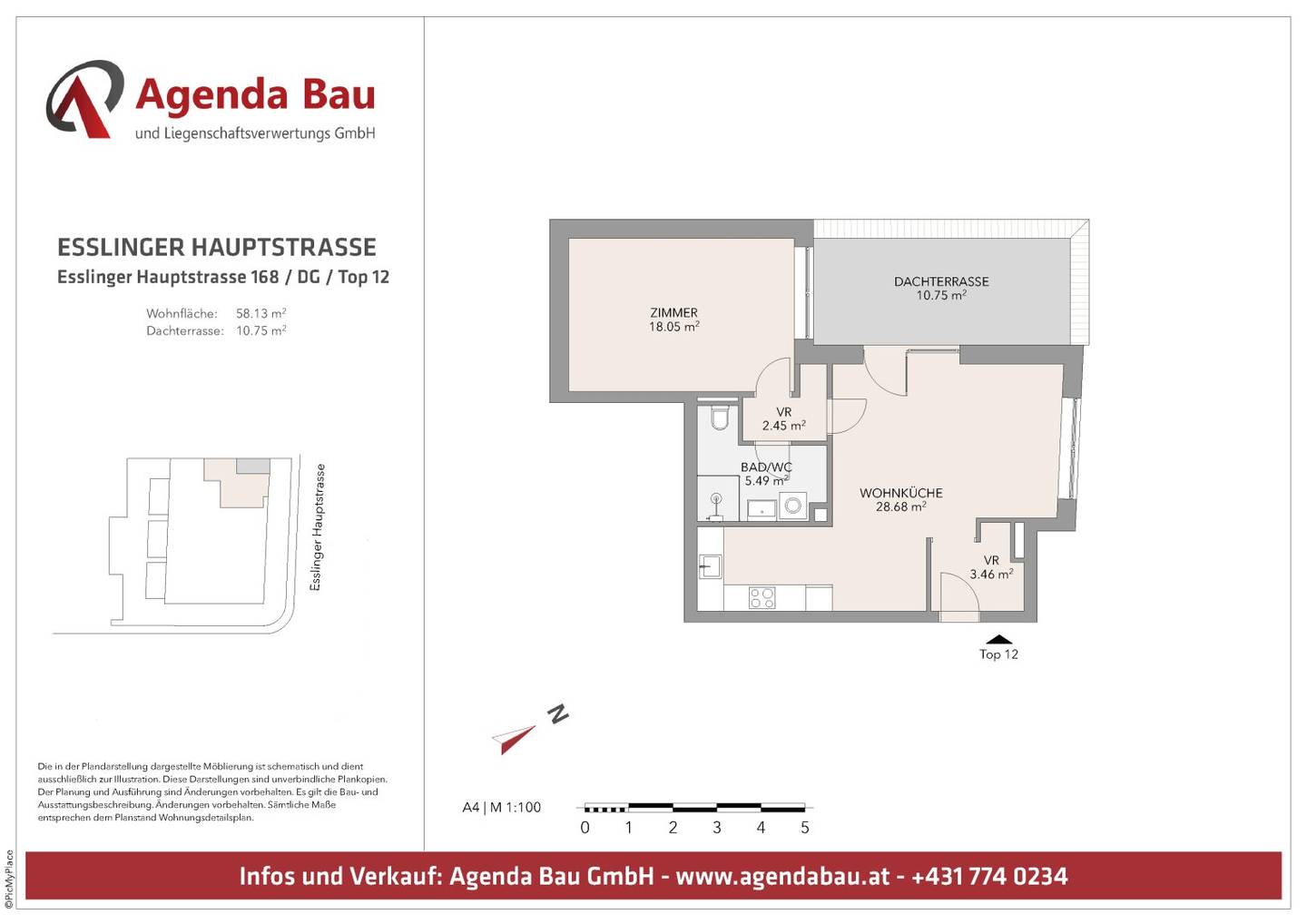 Geräumige Dachterrassen-Wohnung ohne Dachschrägen, für Anleger