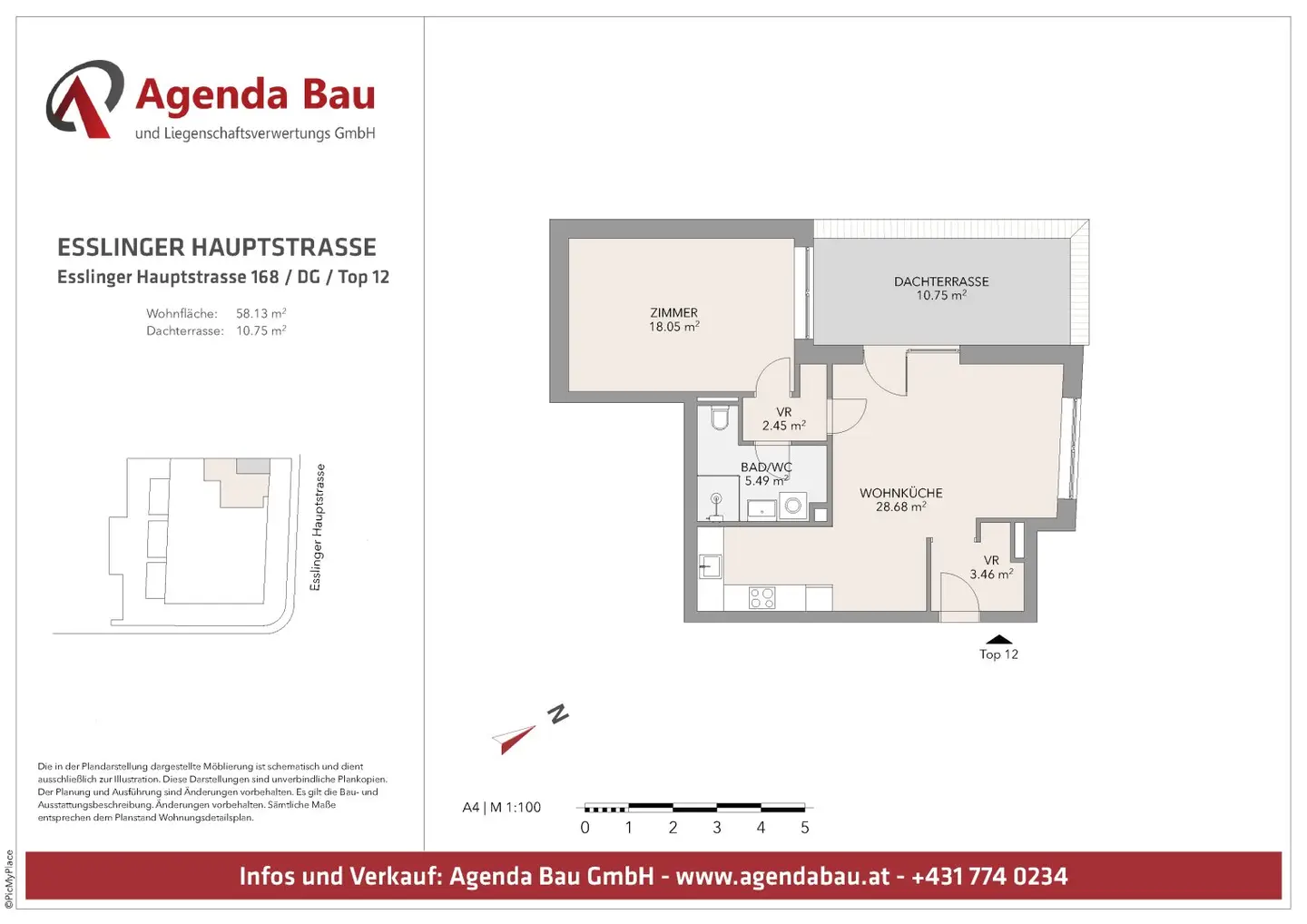 Geräumige Dachterrassen-Wohnung ohne Dachschrägen, für Anleger