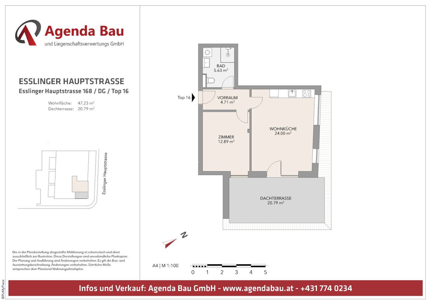 Lichtdurchflutete Dachterrassen-Wohnung mit 2 Zimmern, ohne Dachschrägen