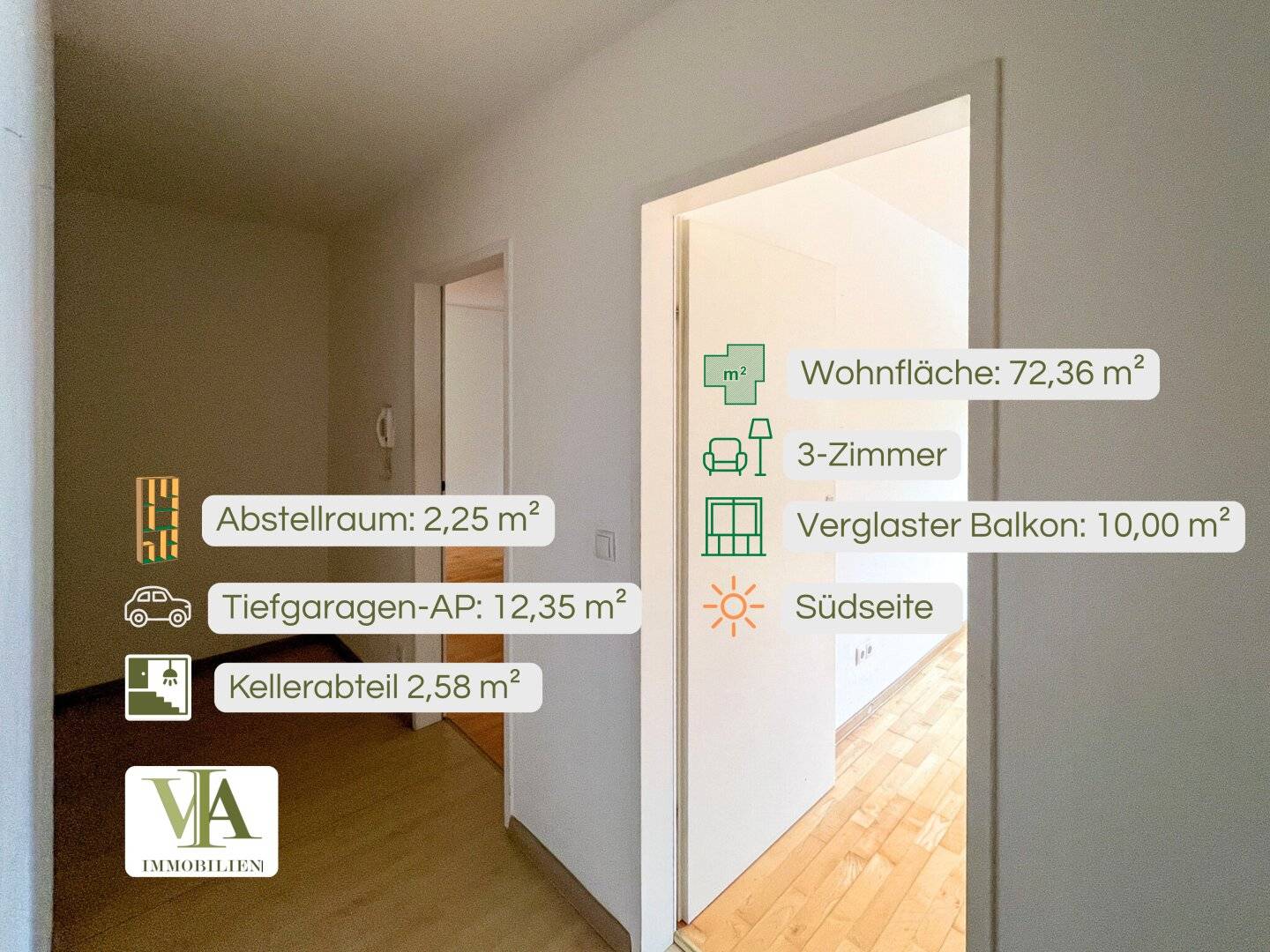 Südseitig gelegene 3-Zimmer-Wohnung mit Balkon 10 m², Kellerabteil und TG-Abstellplatz in Rum / Grenze Innsbruck