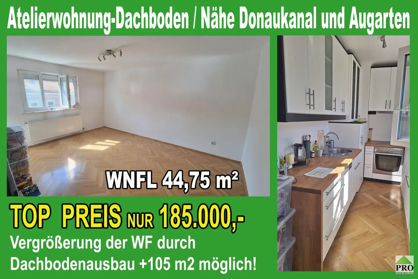 Vollrenovierte sonnige Dachgeschoßwohnung. Potential zur Erweiterung des Rohdachbodens/Nähe Donaukanal und Augarten