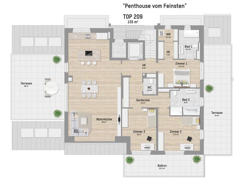 WOHNEN MIT WEITBLICK: 4-ZIMMER-DACHGESCHOSSWOHNUNG MIT 3 TERRASSEN & MODERNER EINBAUKÜCHE