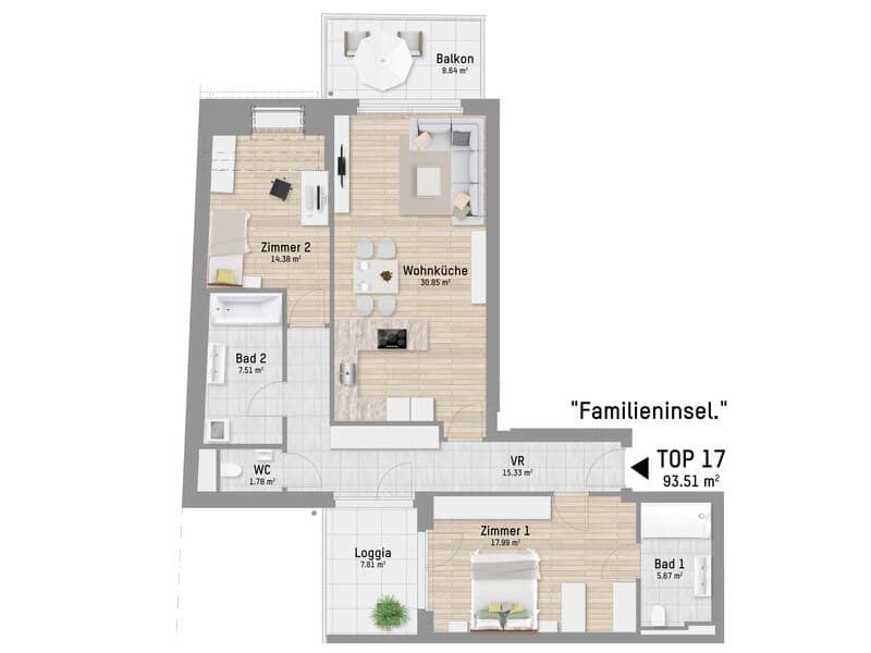 MODERNE 3-ZIMMER-EIGENTUMSWOHNUNG MIT TERRASSE UND LOGGIA, HOCHWERTIGER AUSSTATTUNG UND DURCHDACHTEM GRUNDRISS