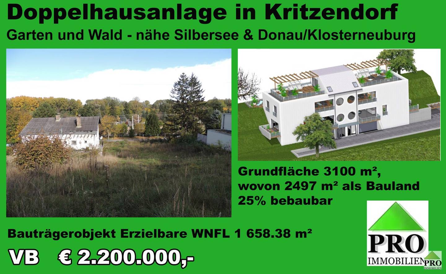 Großes Baugrundstück 3100m² mit Baugenehmigung für Doppelhausanlage  in 3400 Kritzendorf!