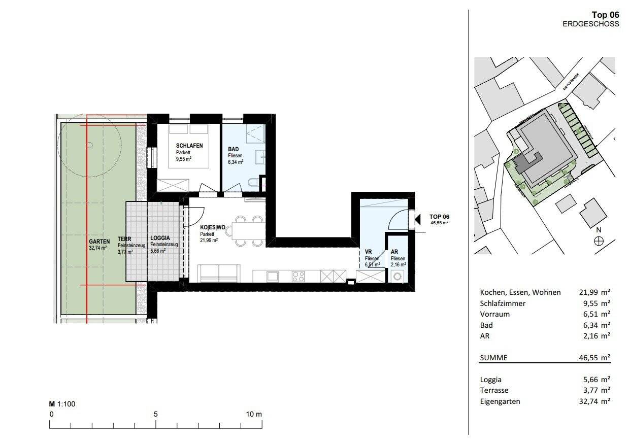 Südwesseitige 2-Zimmer-Gartenwohnung mit Küche und Sonnenschutz