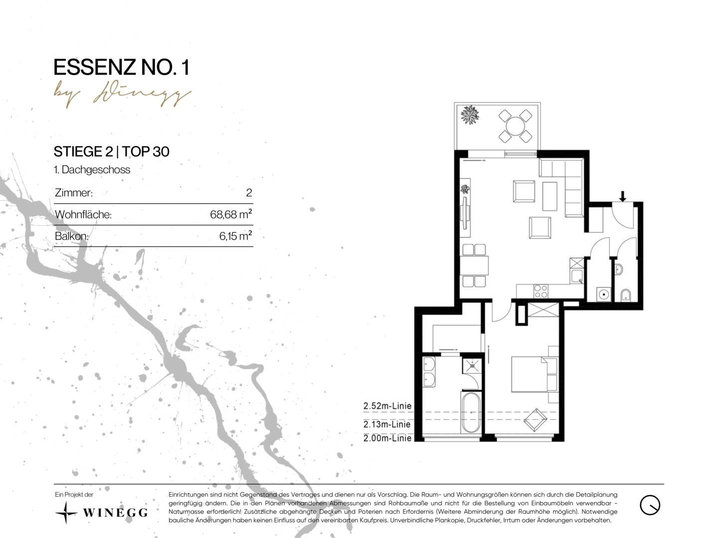 ESSENZ NO. 1 - 2-Zimmer-Erstbezug (69 m²) + Schrankraum | 6 m² Balkon, 1. DG mit wenig Schrägen