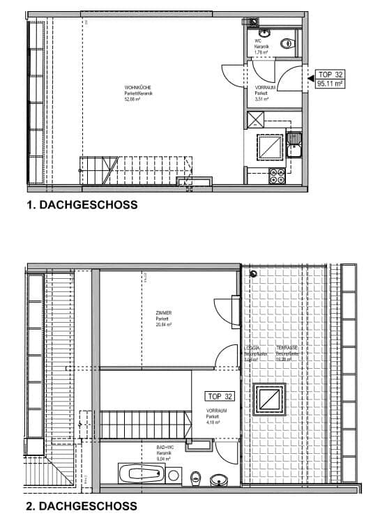 Top floor, Distant view, 95 m2 newly built with 22 m2 outdoor area, open-plan kitchen, 1 room, bathtub, parquet floors, Innstraße
