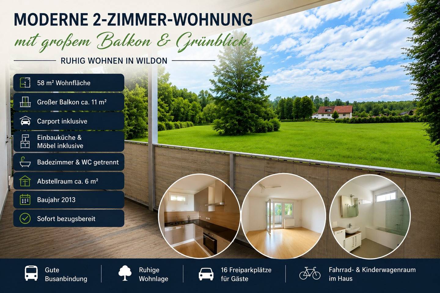 Moderne 2-Zimmer-Eigentumswohnung mit großem Balkon, Carport &amp; Grünblick in Wildon – sofort bezugsbereit!