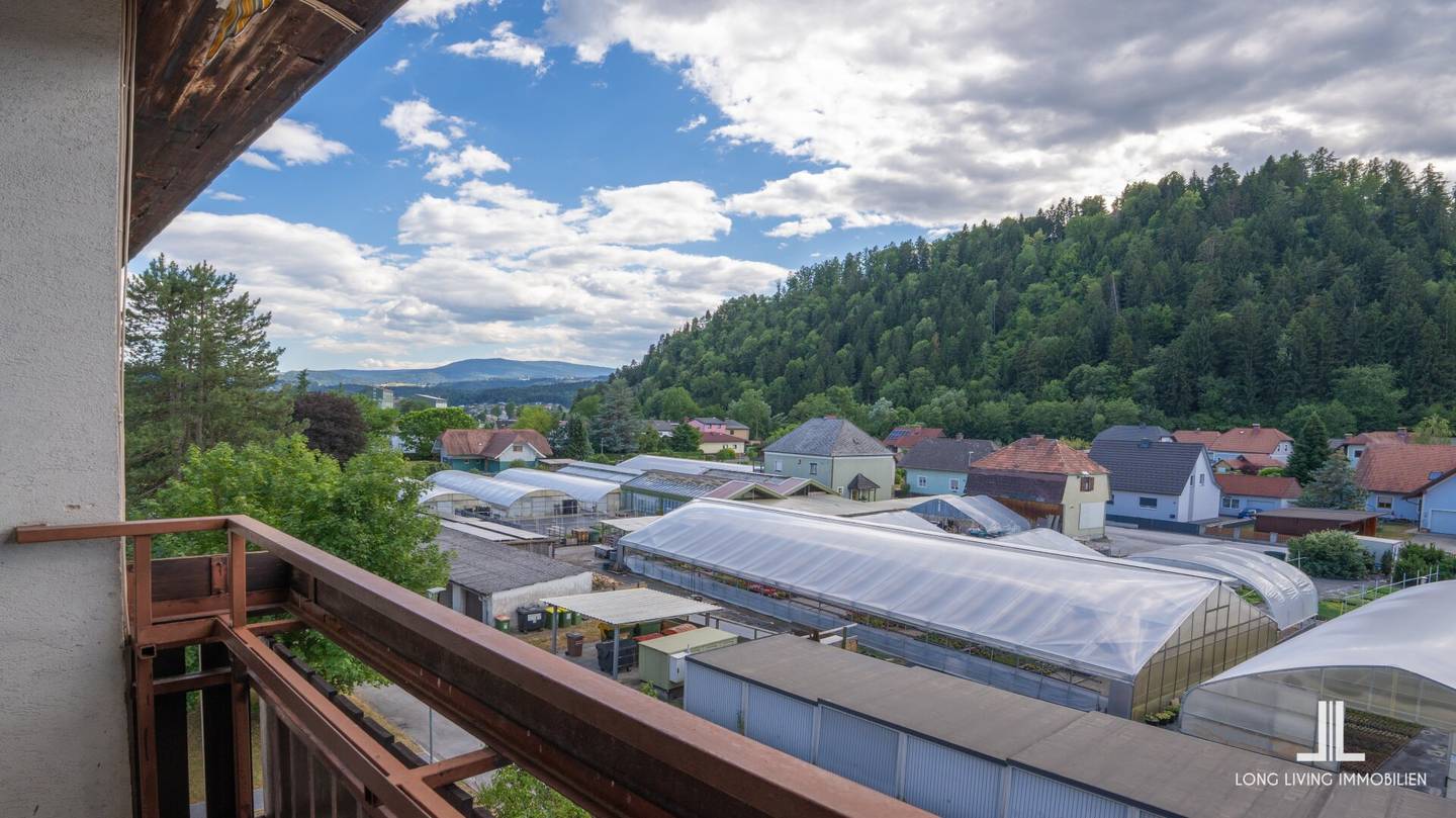 Sanierungsbedürftige Wohnung mit sonniger Südwest-Loggia, Grünblick und Garagen-Box