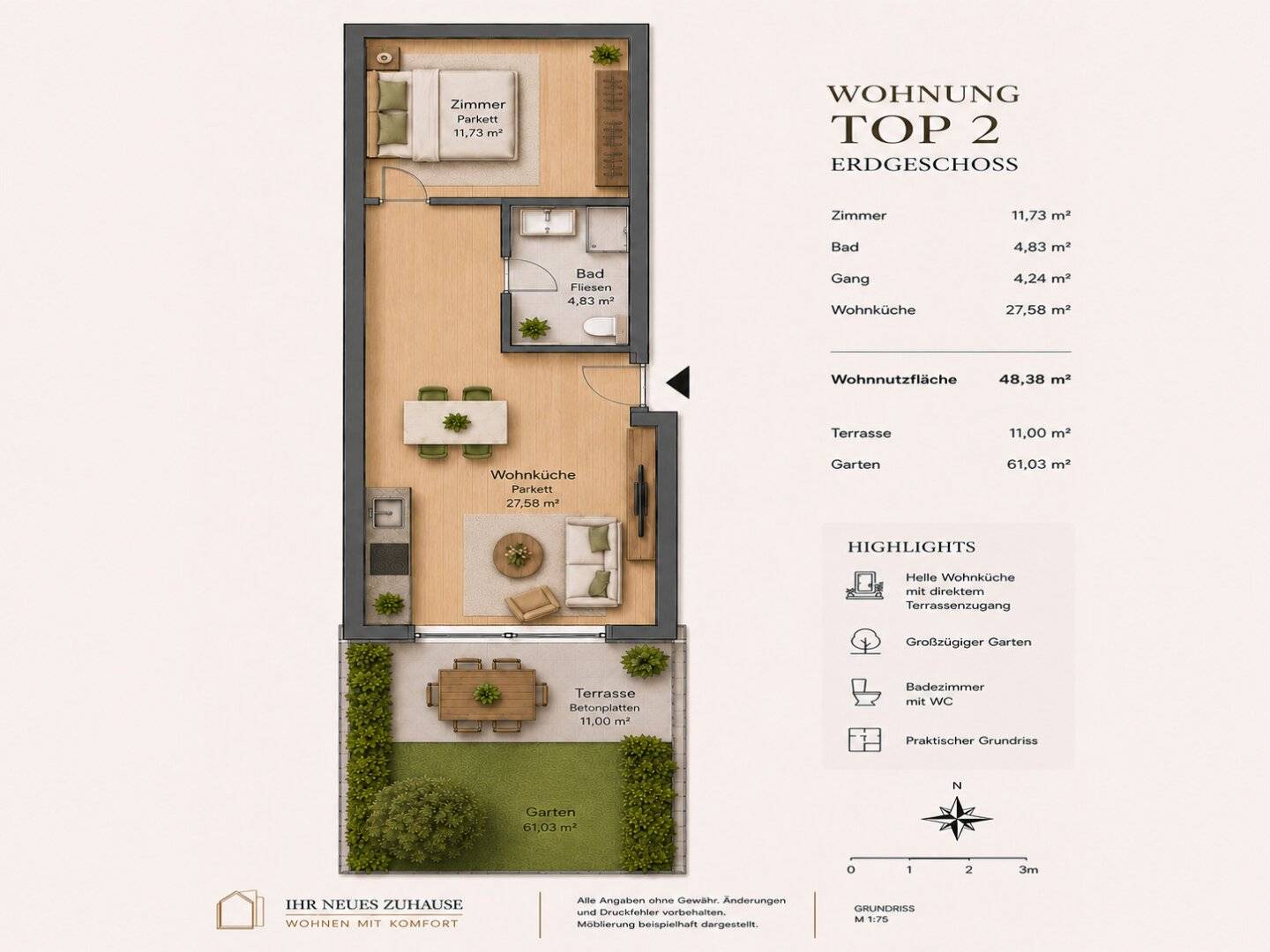 Beautiful 2-room garden apartment in a quiet location First occupancy