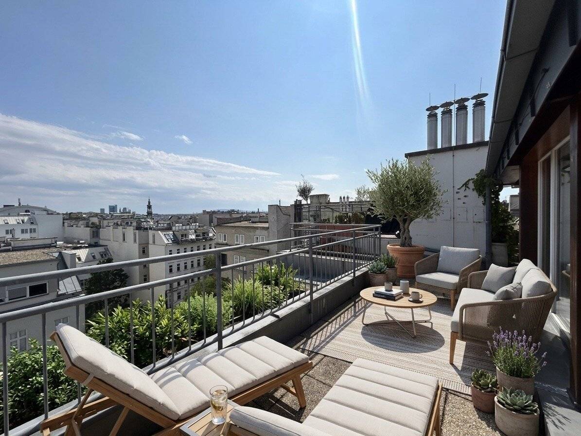 1070 - near Neubaugasse! 4-room attic maisonette with gallery, terrace and great view in Art Nouveau building!