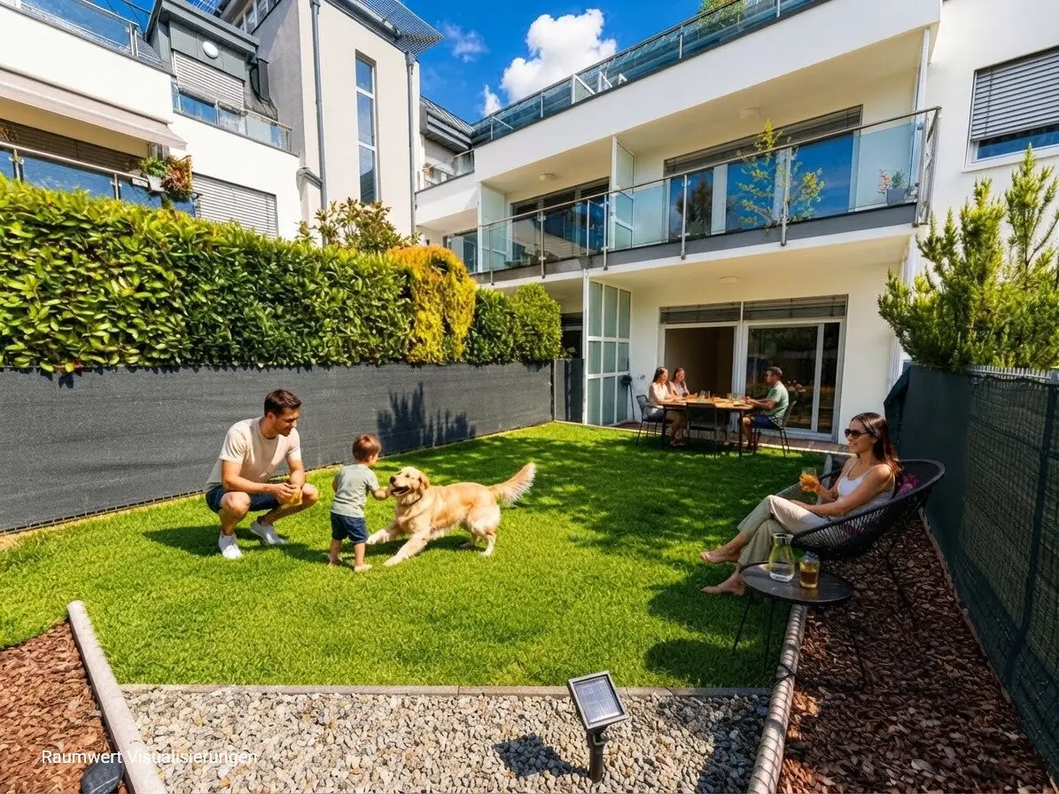 Living like in a house Exclusive 3-room maisonette with private garden, terrace, balcony and garage, approx. 142 m² usable floor area