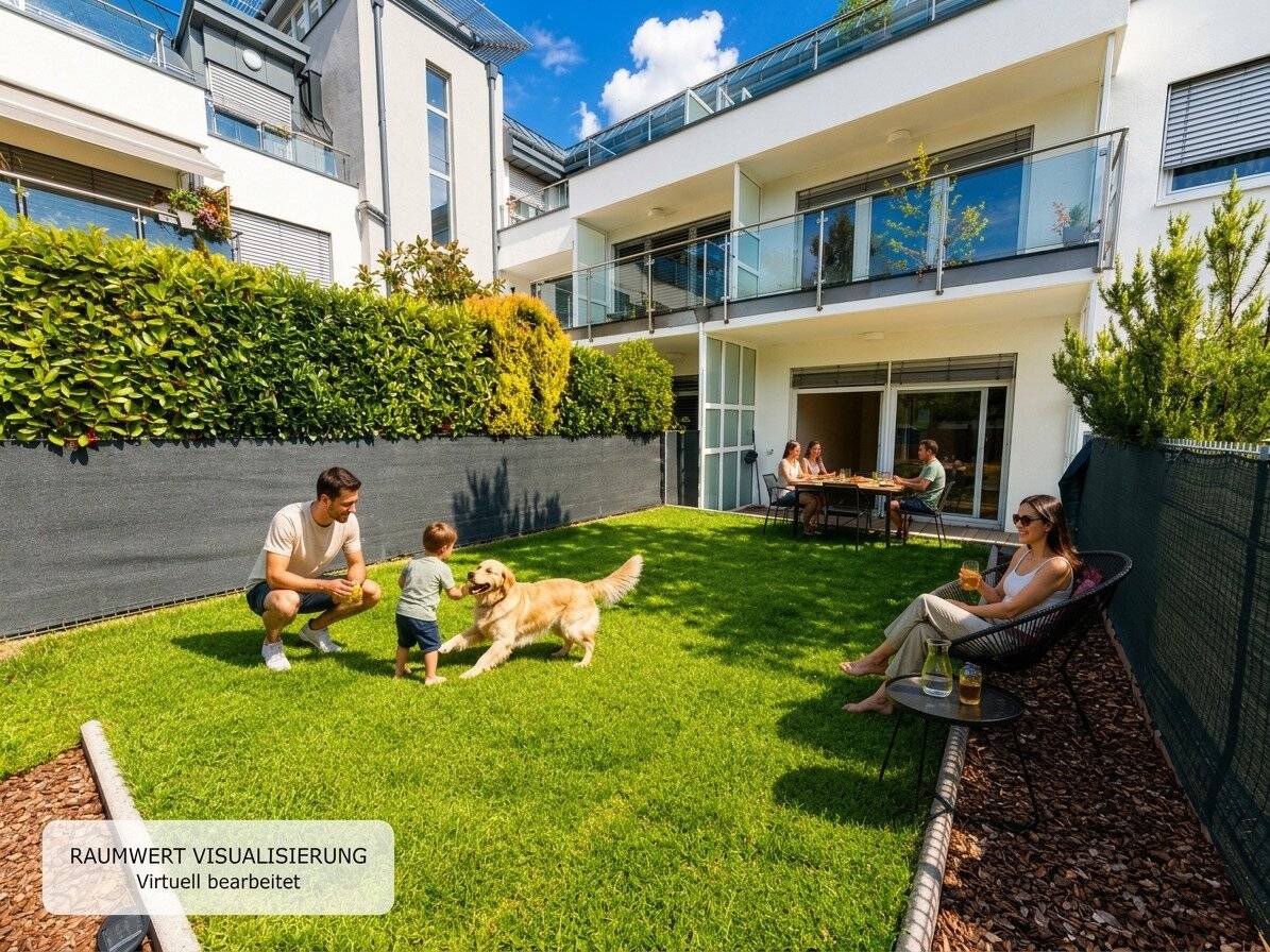 Living like in a house Exclusive 3-room maisonette with private garden, terrace, balcony and garage, approx. 142 m² usable floor area
