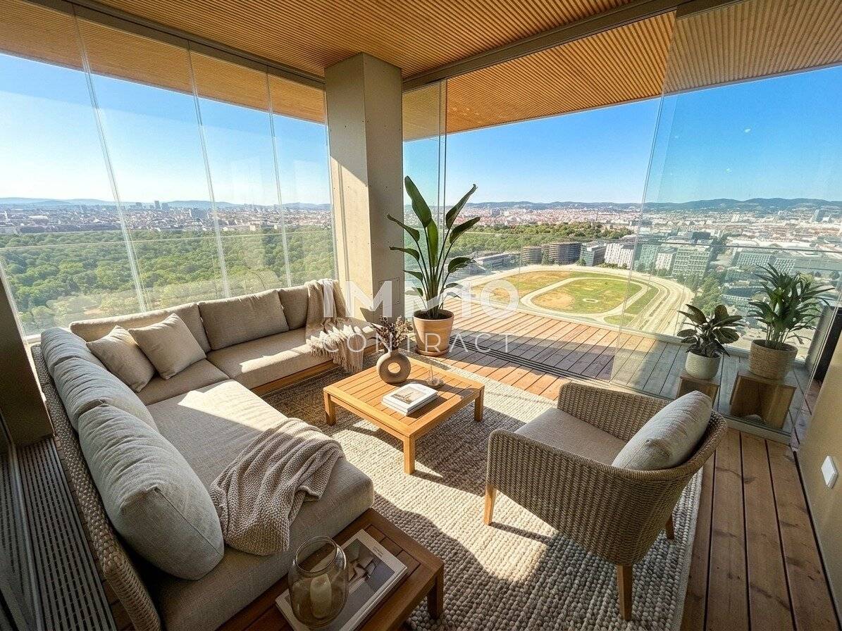 Spectacular distant view over Prater and Danube – corner apartment with wintergarden and terraces on the 25th floor