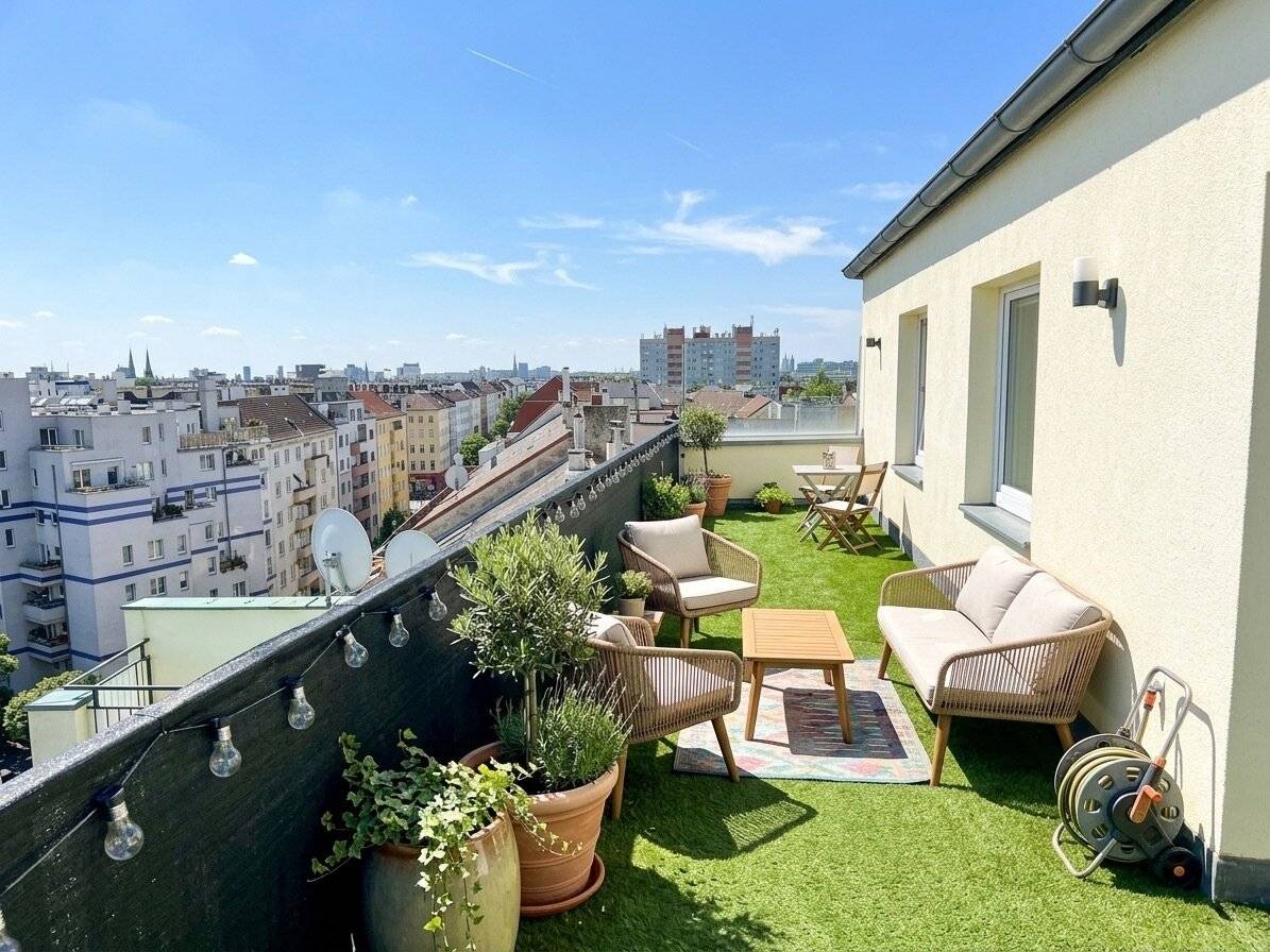 26 m² panoramic terrace, attic apartment without sloping walls, air conditioning, separate kitchen