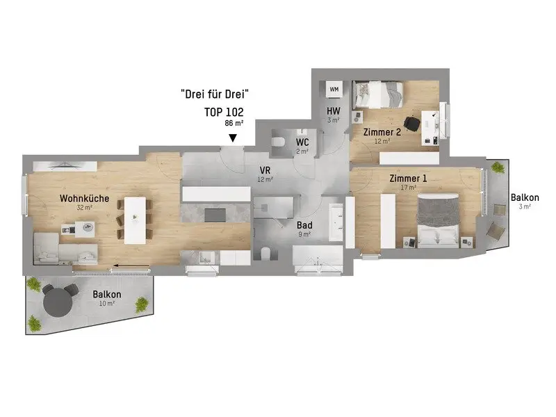 EXKLUSIVE 3-ZIMMER-WOHNUNG MIT ZWEI SONNIGEN BALKONEN IN RUHELAGE NAHE DER ALTEN DONAU