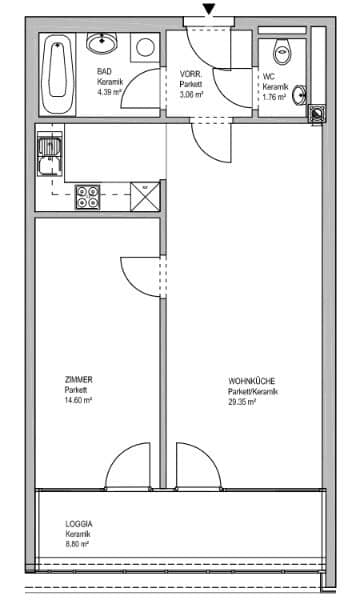 INNSTRASSE, 62 m2 new building including 9 m2 loggia, 2 rooms, complete kitchen, parquet, 3rd floor with elevator
