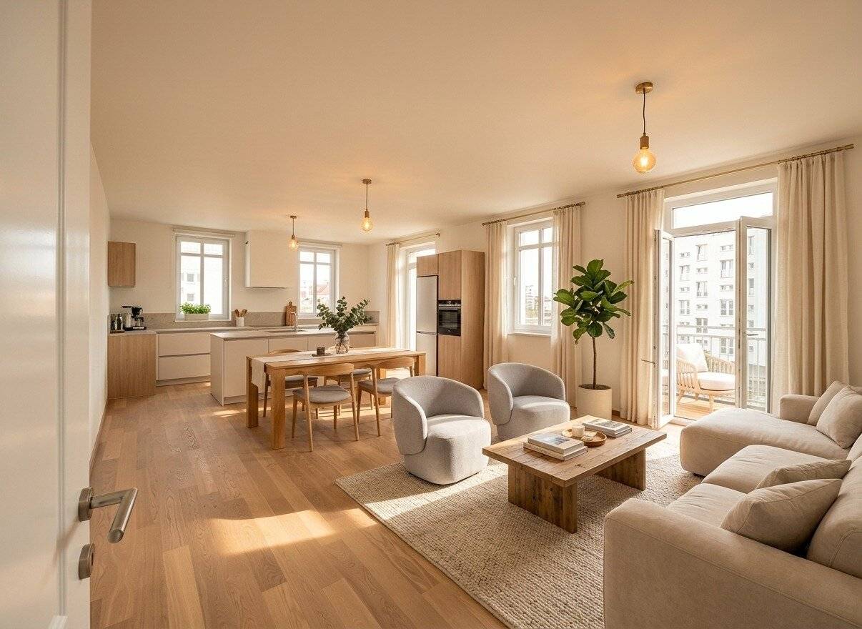 Modern gestaltete Altbauwohnung mit großzügigem Wohnbereich und südseitigen Außenflächen