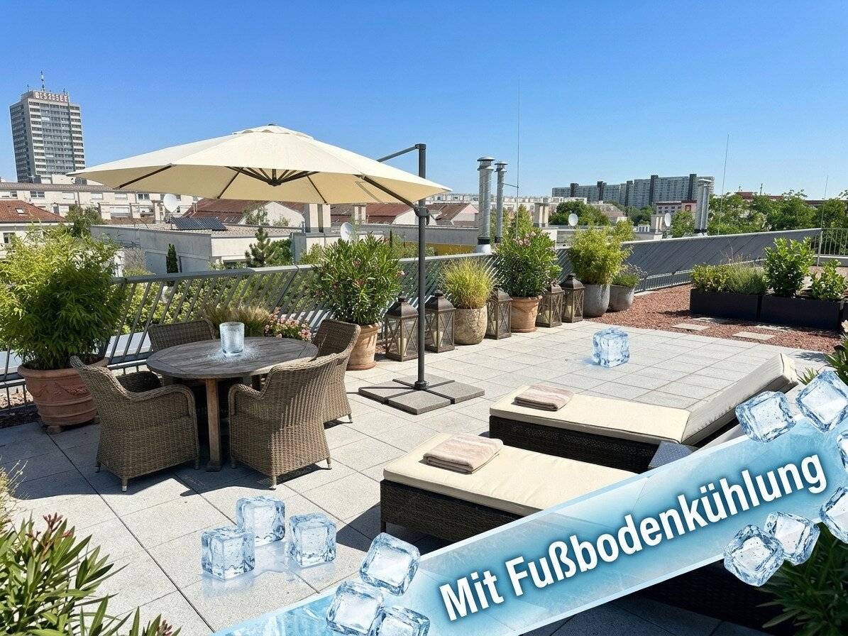 Enjoy sunny days on the large roof terrace. Underfloor cooling and heating costs included. Near Kirchenplatz Atzgersdorf.