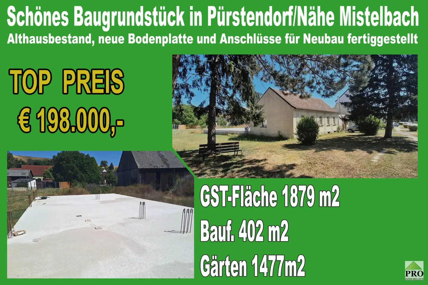 Beautiful large building plot in Pürstendorf with existing old house, foundations and connections for new building