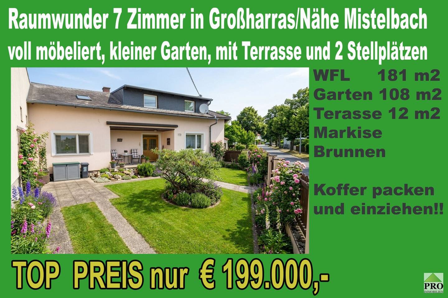 Großzügiges 7-Zi-Haus mit kleinem Garten, Terrasse &amp; 2 Stellplätzen in 2034 Großharras