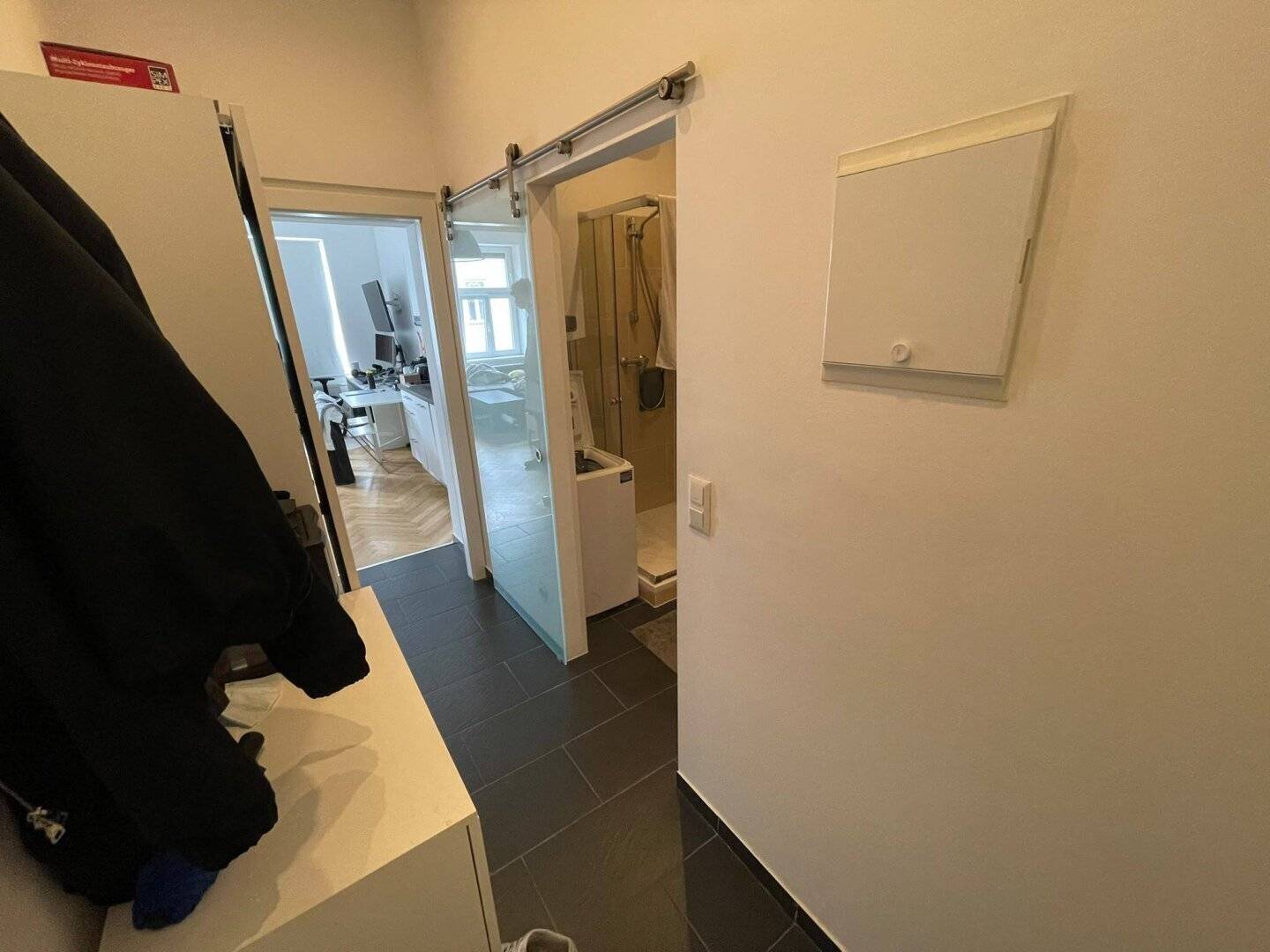 Renovated 1 room including kitchen and bathroom and spacious entrance hall at Brunnenmarkt