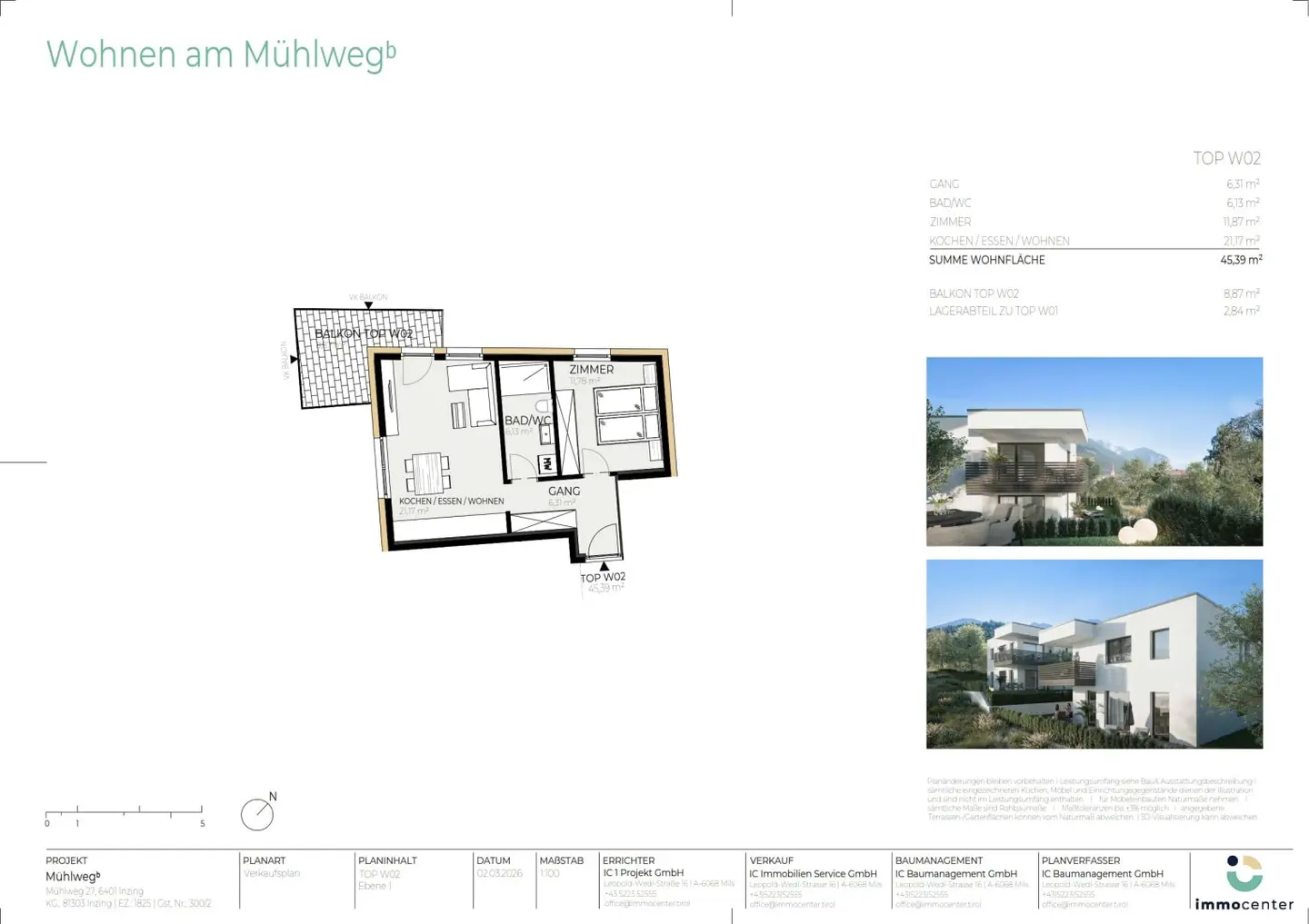 2-Zimmer-Wohnung Top W02, "Mühlwegᵇ", 6401 Inzing