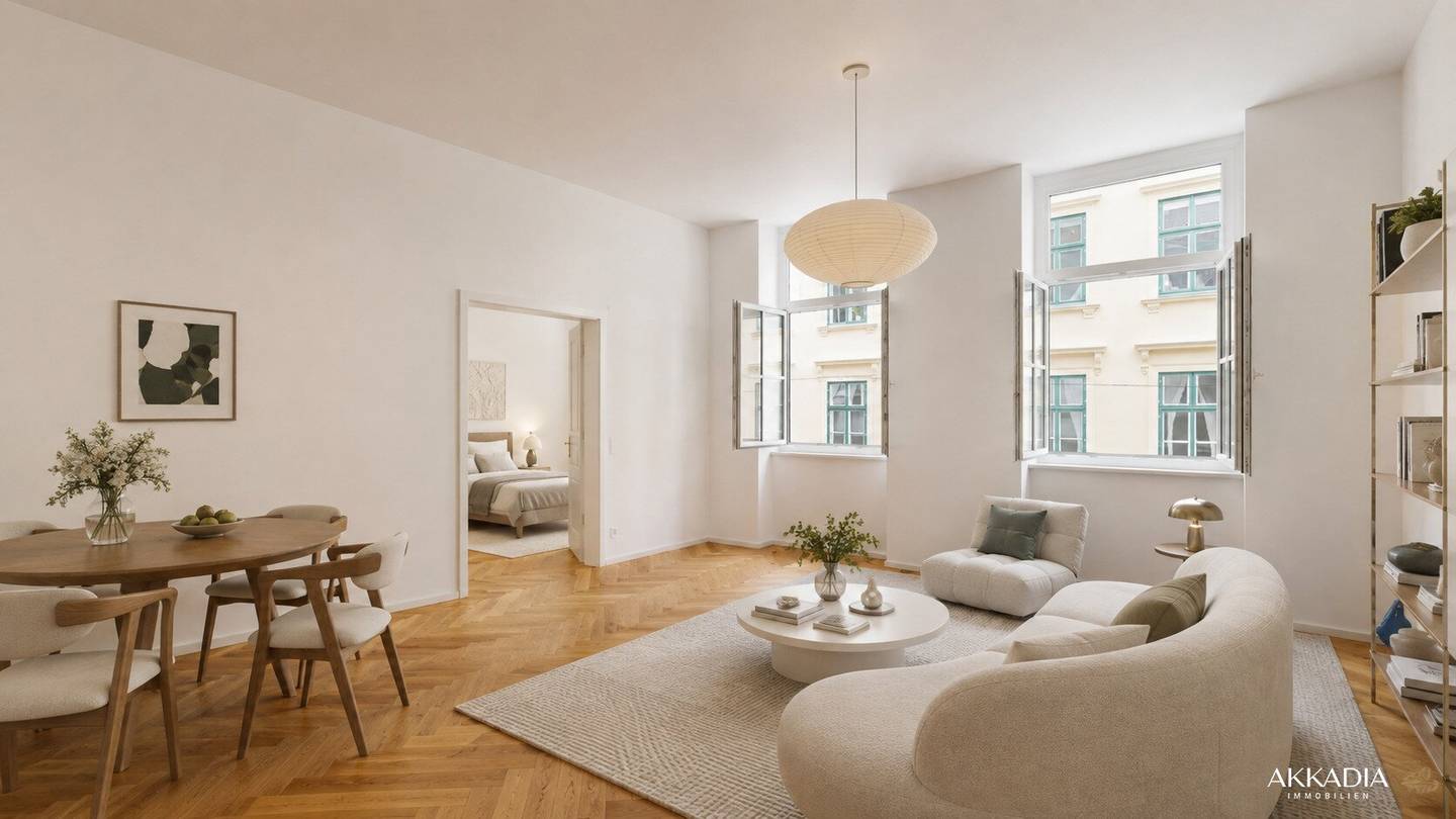 Viennese old building with character: stucco, walk-in bathroom and green residential street