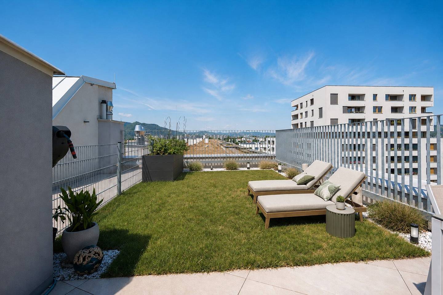 Holiday feeling | Roof terrace with pergola, garden and private access to the rooftop pool | Family-friendly complex | DAN kitchen l Underground parking