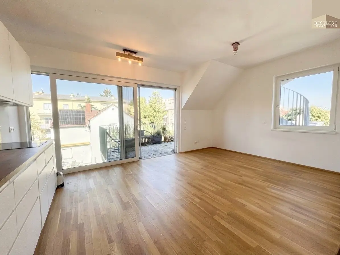 New build penthouse flair with 52 m² roof terrace, whirlpool and distant view, living on two levels in Mödling