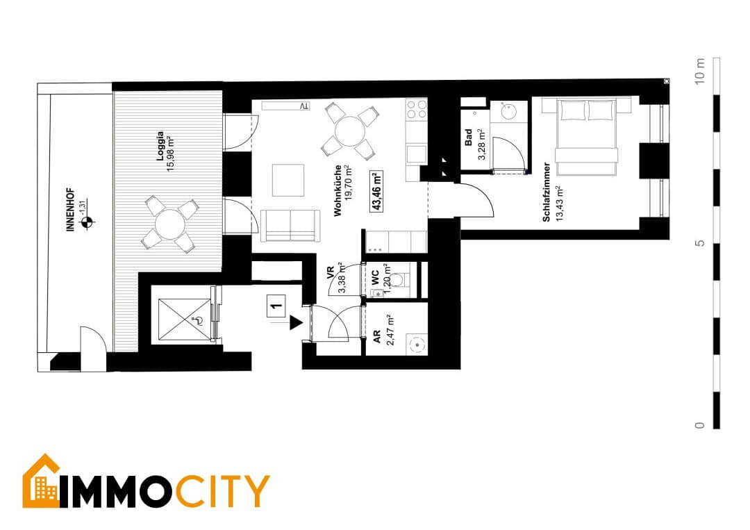 Großzügige 2-Zimmer-Wohnung mit außergewöhnlich großer Loggia und viel Privatsphäre, 1030 Wien