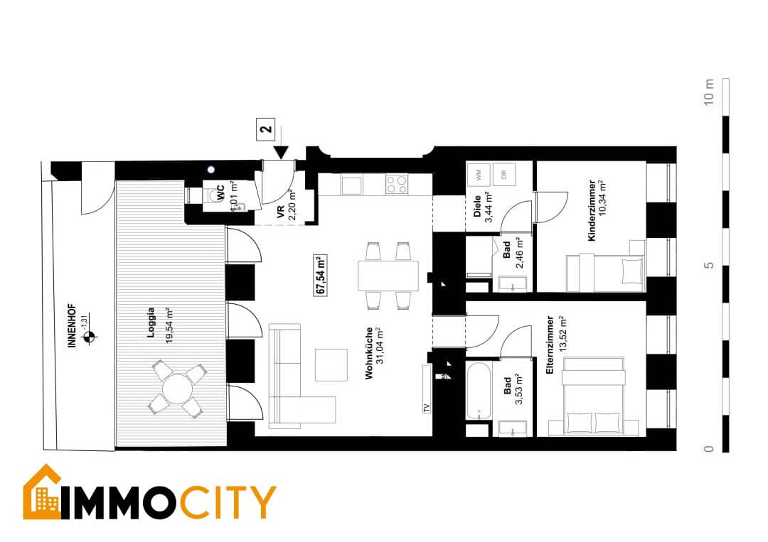Spacious 3-room apartment with two bathrooms and approx. 20 m² south-facing loggia and lots of privacy, 1030 Vienna