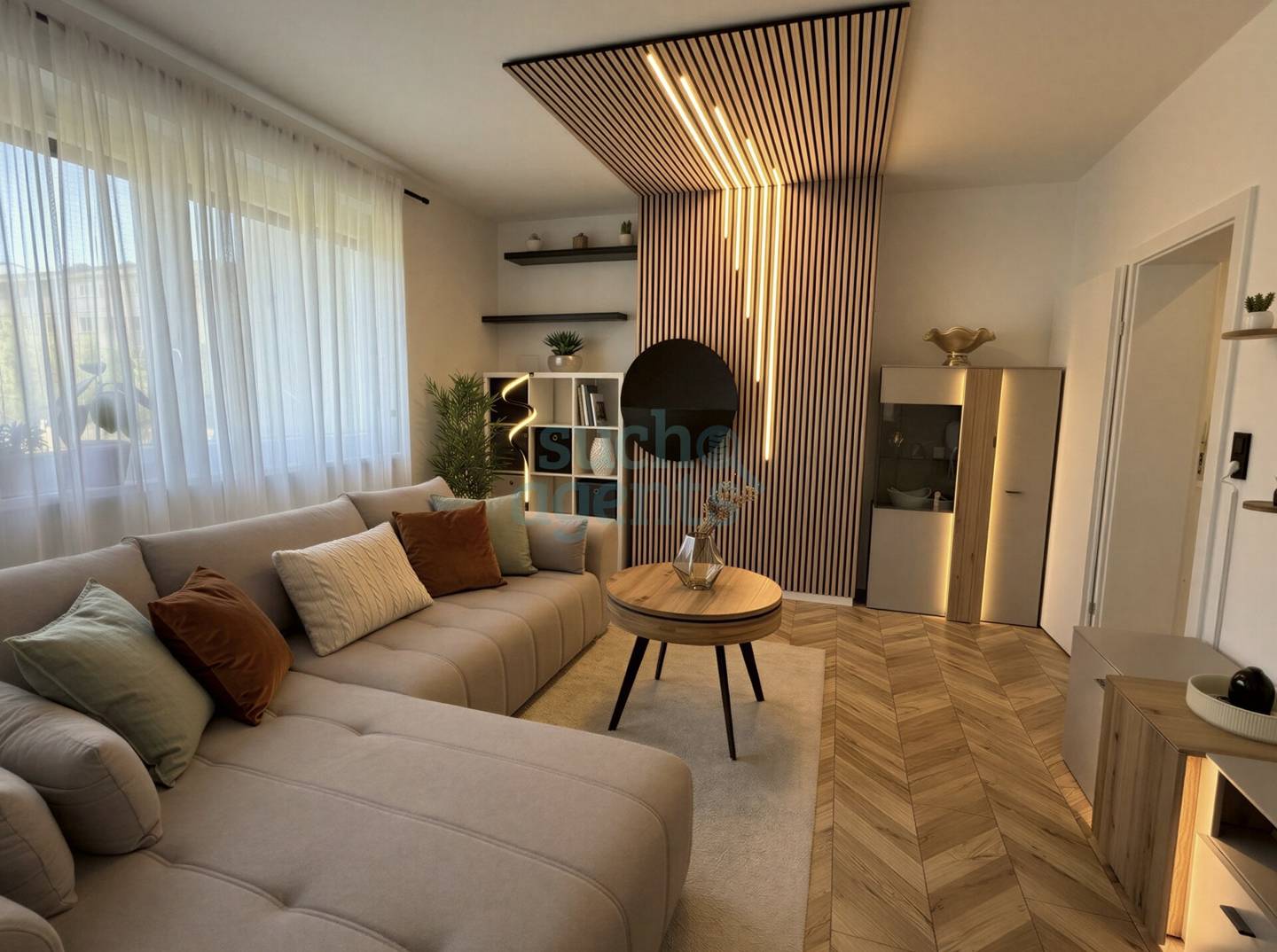 Renovated Wohnung with designer fireplace and green surroundings