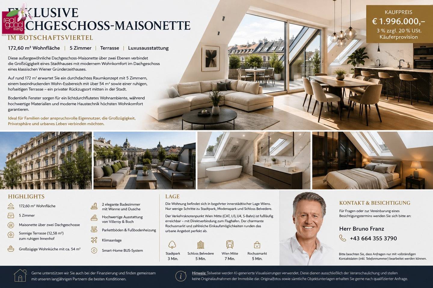 Exklusive Dachgeschoss-Maisonette mit Terrasse | 172 m² | 5 Zimmer | Luxusausstattung im Botschaftsviertel ++ Provisionsfrei für den Käufer