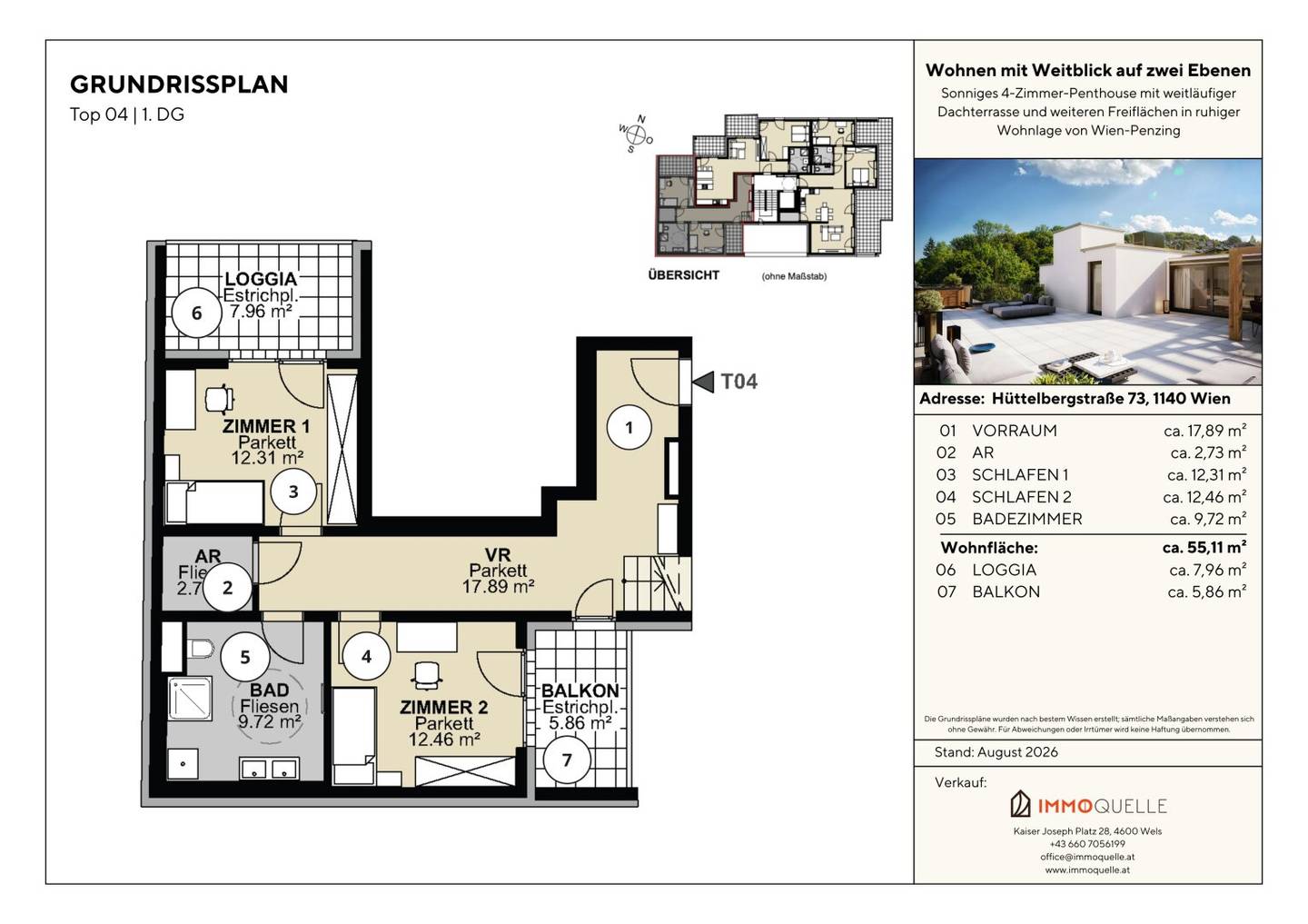 Living with Wide Views on Two Levels - Sunny 4-Room Penthouse with Spacious Roof Terrace and Additional Outdoor Areas in Quiet Wien-Penzing