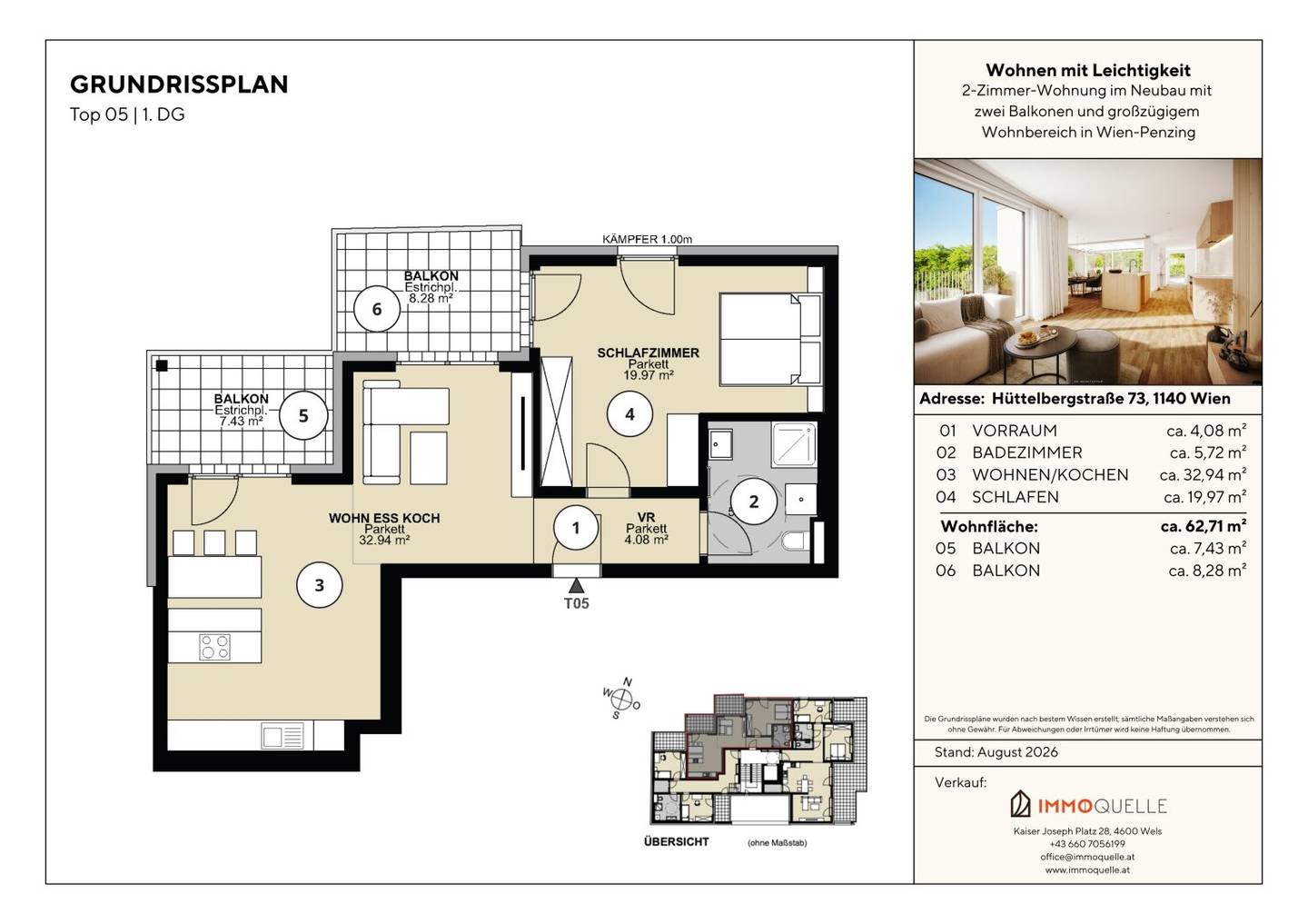 Living with Ease - 2-room apartment in new build with two balconies and spacious living area in Wien-Penzing