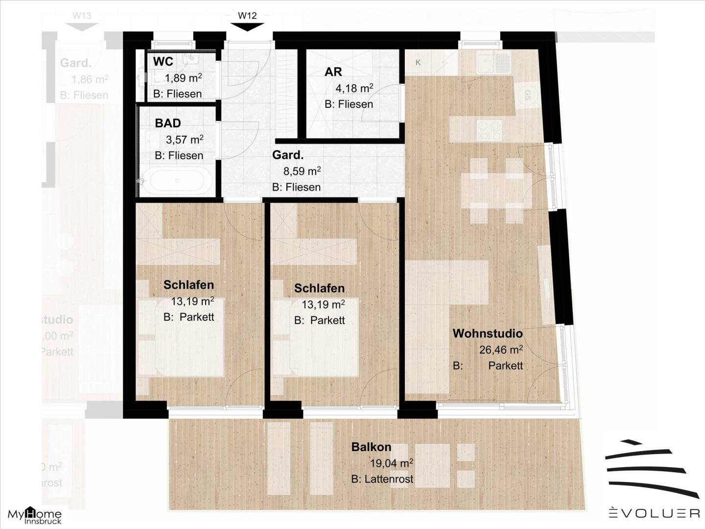 ÈVOLUER - Schöne 3-Zimmer-Wohnung mit großem Süd- Westbalkon