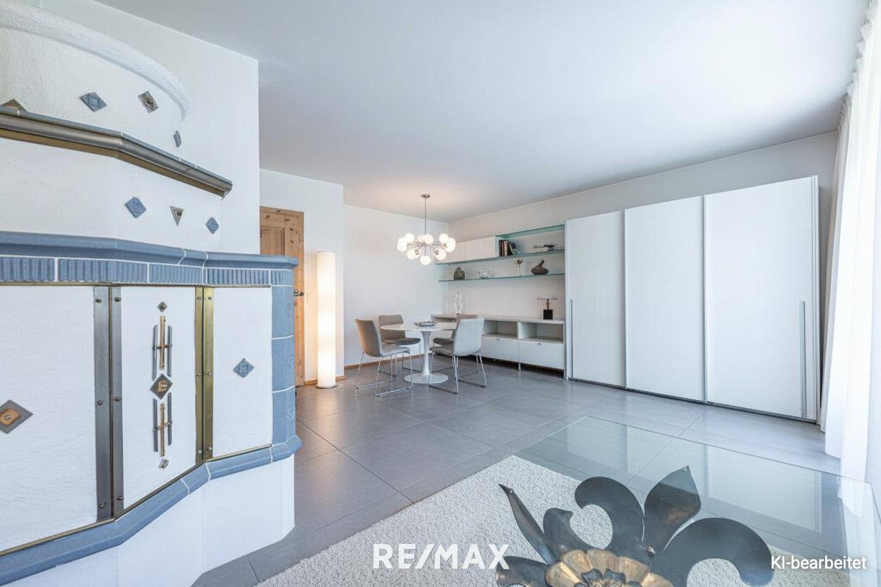 Cozy family apartment with garden and tiled stove