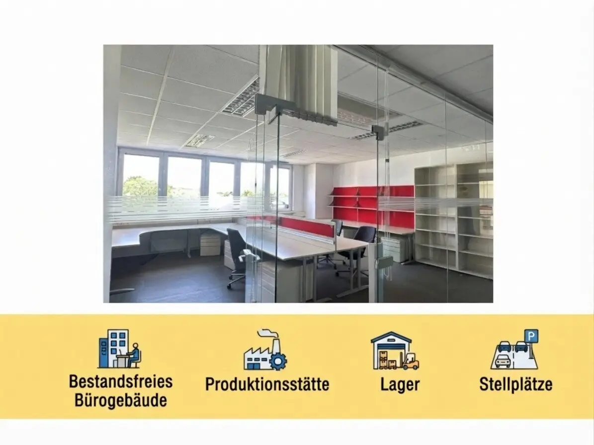 Bestandsfreies Bürogebäude mit anschließenden Hallen, Produktionsstätte und Stellplätzen