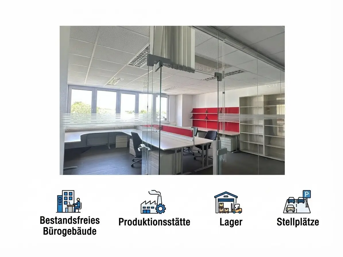 Bestandsfreies Bürogebäude mit anschließenden Hallen, Produktionsstätte und Stellplätzen