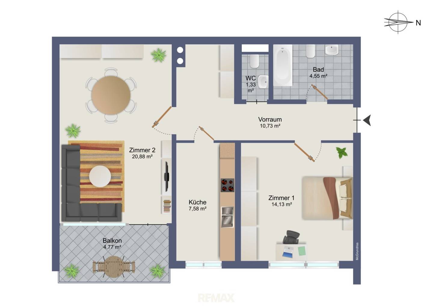2-room apartment with balcony in prime location