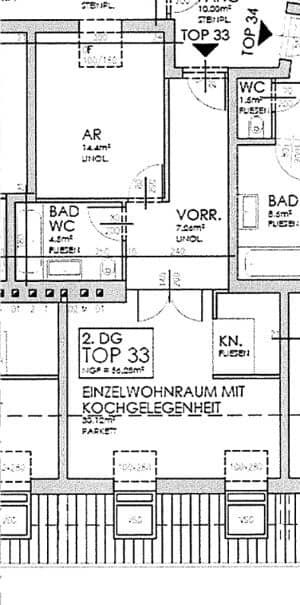 Top floor, SALZTORGASSE, air-conditioned 57 m2 new build, 2 rooms, fitted kitchen, bathtub, parquet, distant view