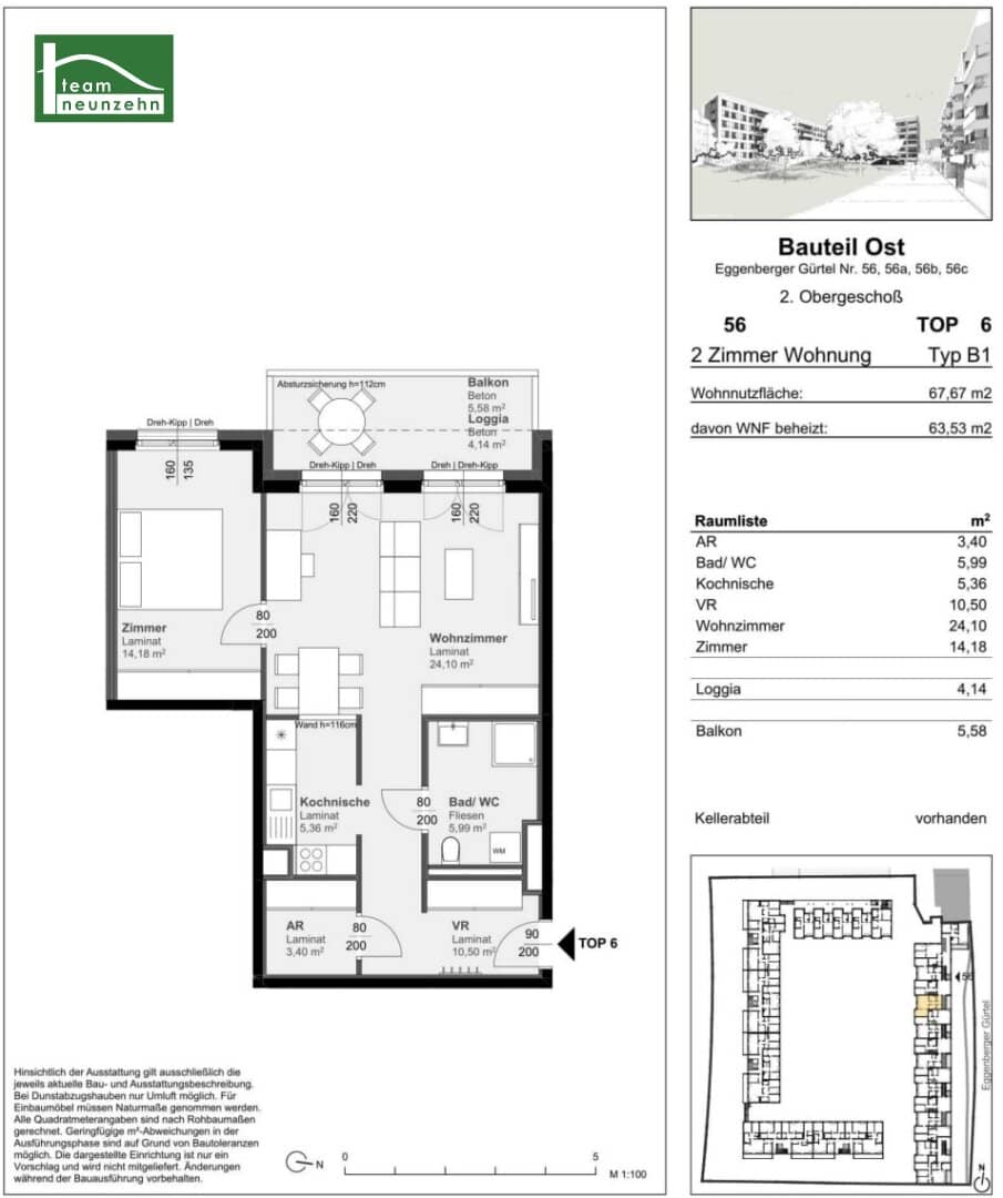 Apartment with loggia and balcony in central area