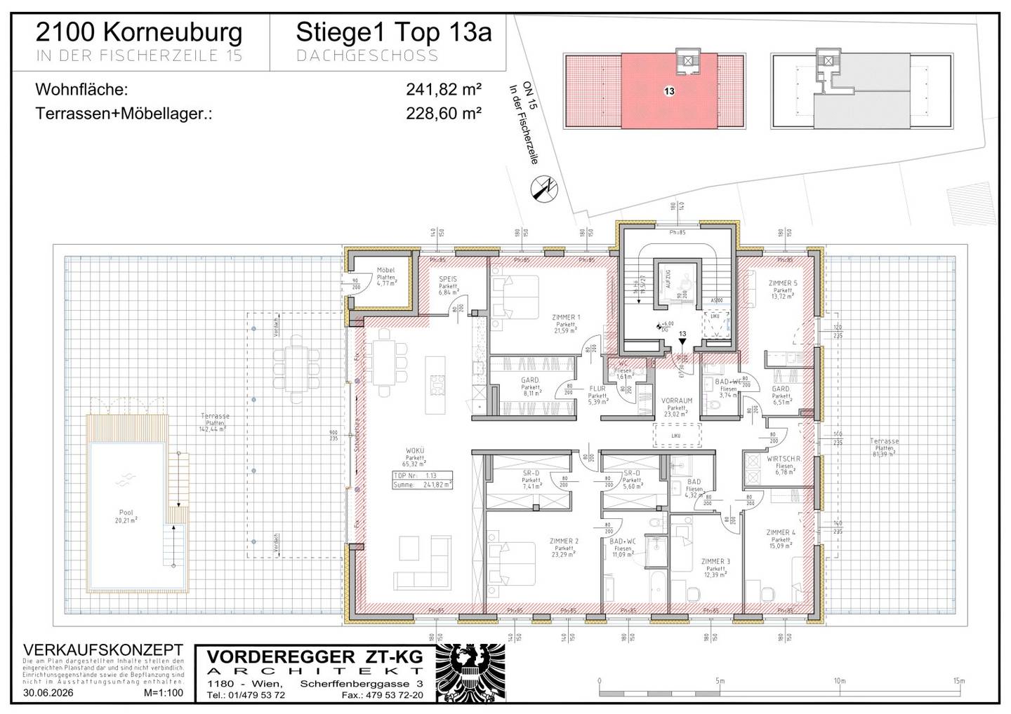 Turnkey luxury penthouse with XXL terraces and pool, the Danube on the doorstep, holiday atmosphere and lush greenery in the Fischerzeile, commission free for the buyer