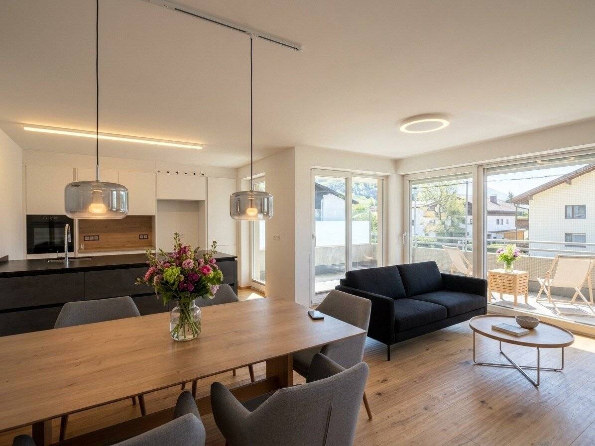 Weer: Modern high-quality and sunny 4-room apartment with approx. 94.65 m², generous corner balcony with approx. 16.71 m² with south and west orientation and high-quality kitchen
