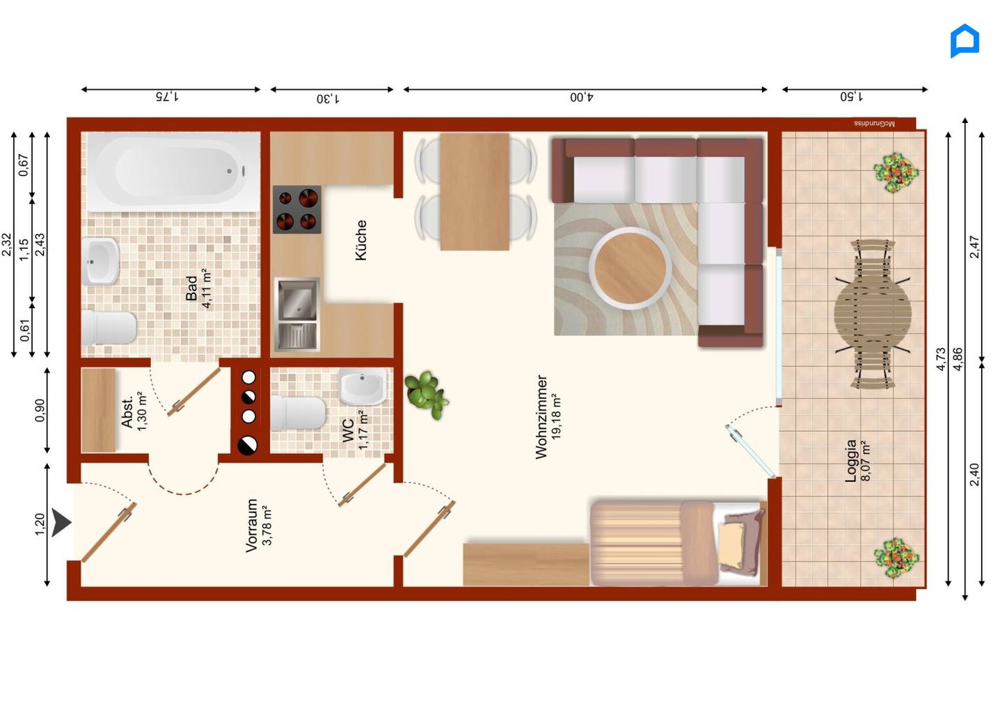 U-Bahn-Nähe, helles 1 Zimmer Apartment (1.OG) mit verglaster Loggia, schönes Bad, WC, Garagen-Stapelparkplatz optional anmietbar, Gartenbenützung