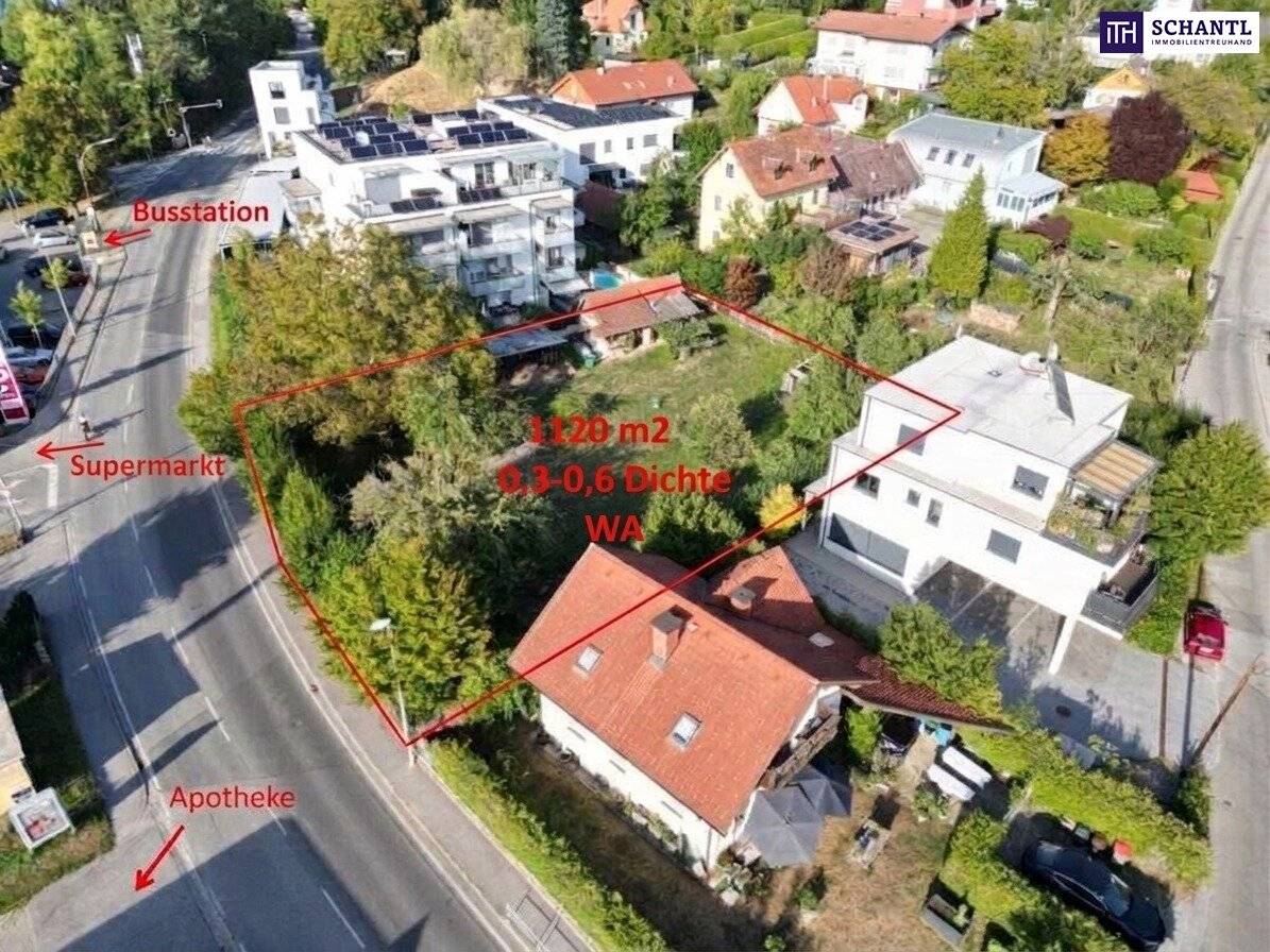 Medical practice, office and residential: Building plot with 0.6 density (WA) on Radegunderstraße in Graz-Andritz - level, opposite supermarket, pharmacy and bus stop