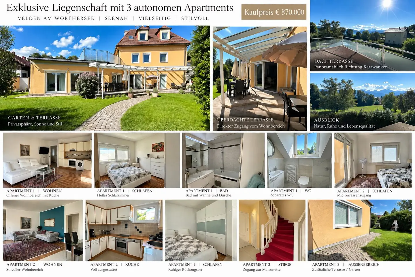 Velden am Wörthersee, Apartmenthaus mit 3 autonomen Wohneinheiten, Garten, Terrassen & Wellness