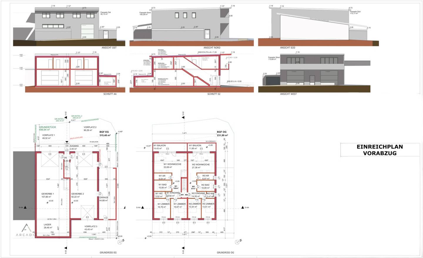 New build hall with attractive apartment in the attic