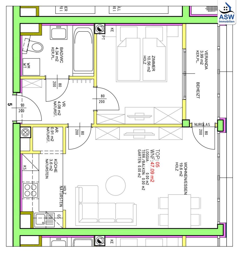 Great 2-room ground floor apartment with glazed veranda/loggia near the subway